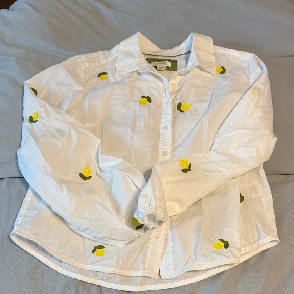 Anthro white button up with embroidered yellow flowers